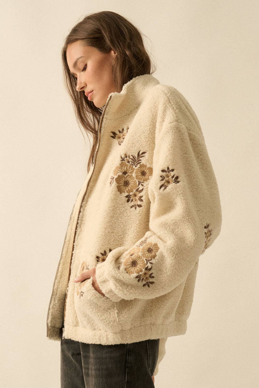 Floral-Embroidered Sherpa Fleece Zip-Up Jacket