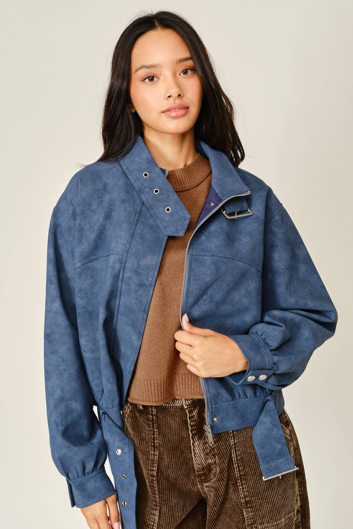 Vintage Vegan Leather Belted Bomber Jacket