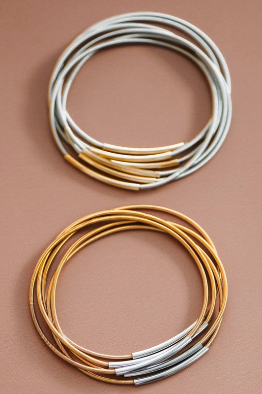 Stretchy Layered Guitar String Bracelet w/Metallic Bar Set