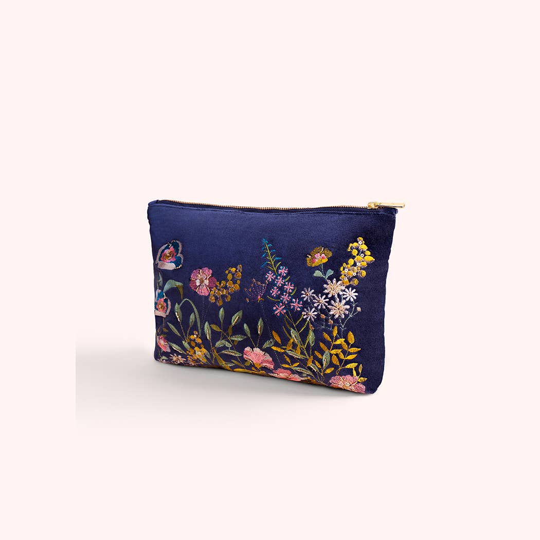 Navy Wildflower Navy Velvet Zip Pouch