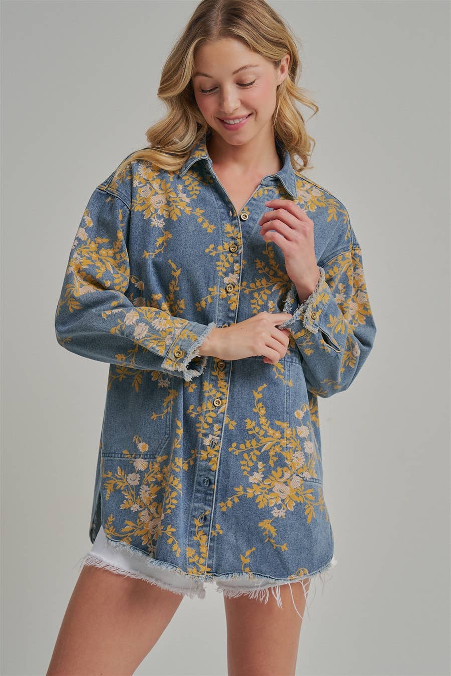 Floral Denim Relaxed Shirt/Jacket with Pockets