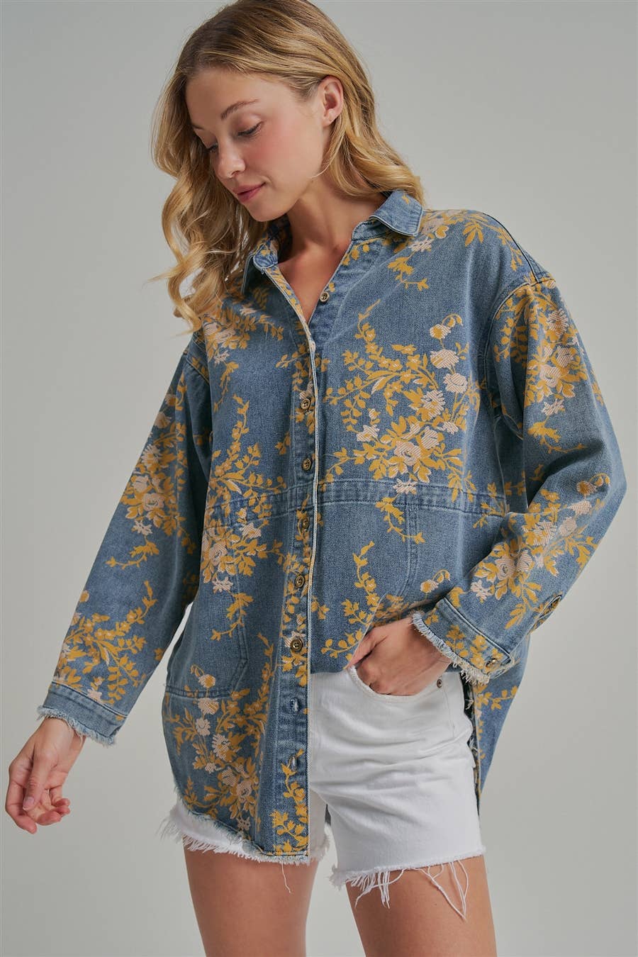Floral Denim Relaxed Shirt/Jacket with Pockets