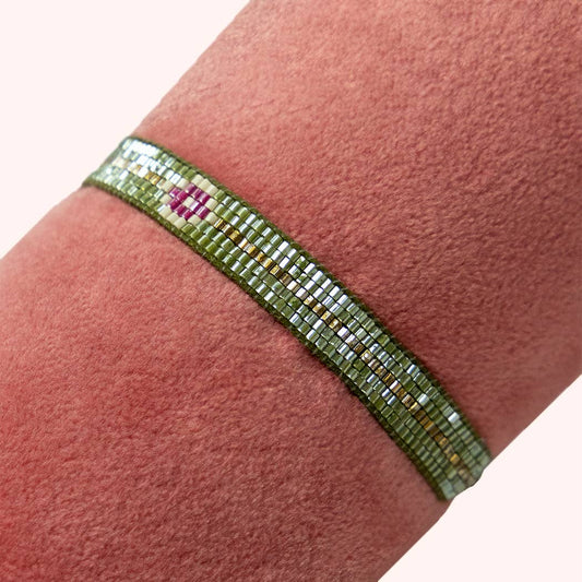 Beaded Bracelet Narrow - Olive & Gold with Diamond