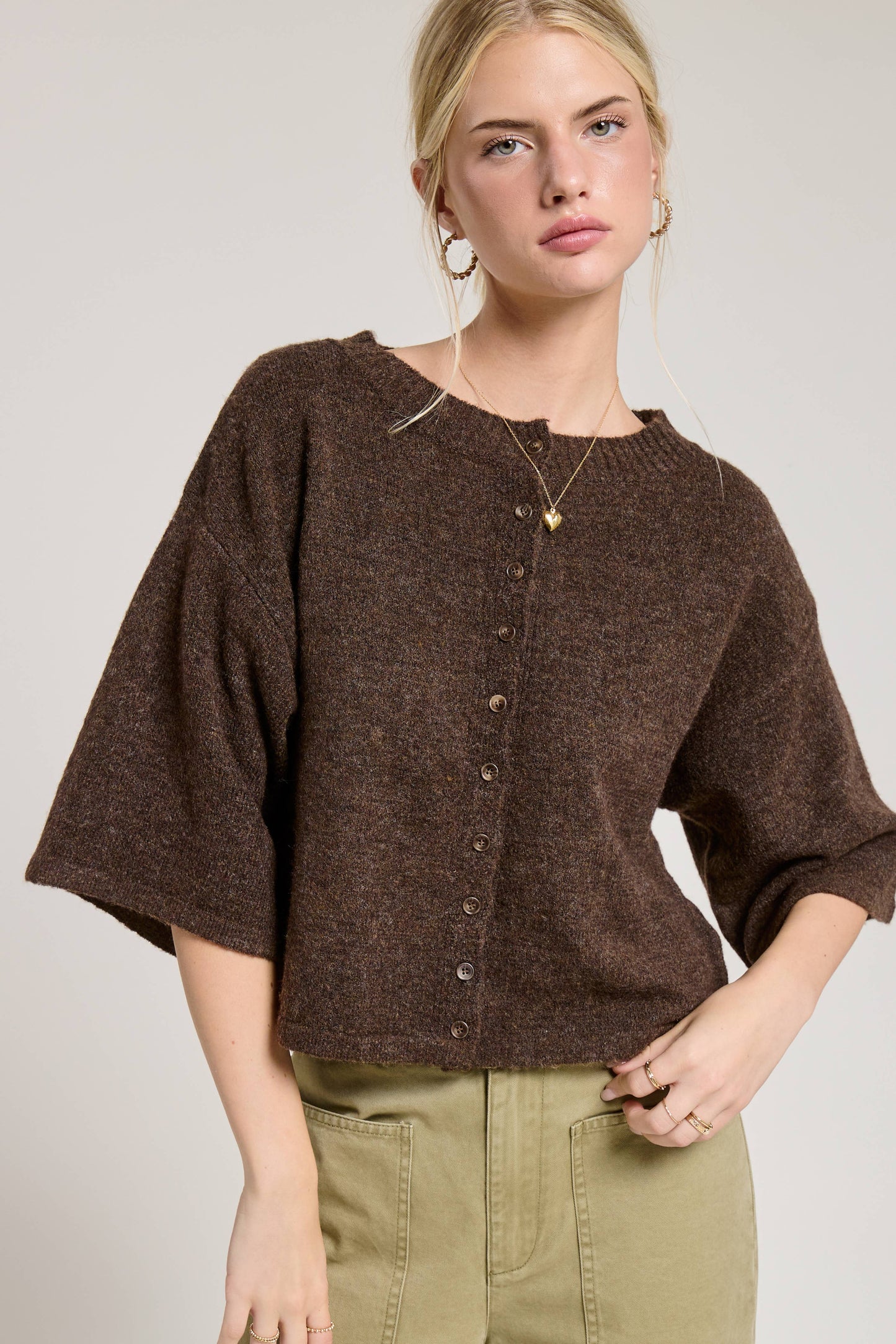 Button Front Short Sleeve Knit Cardigan