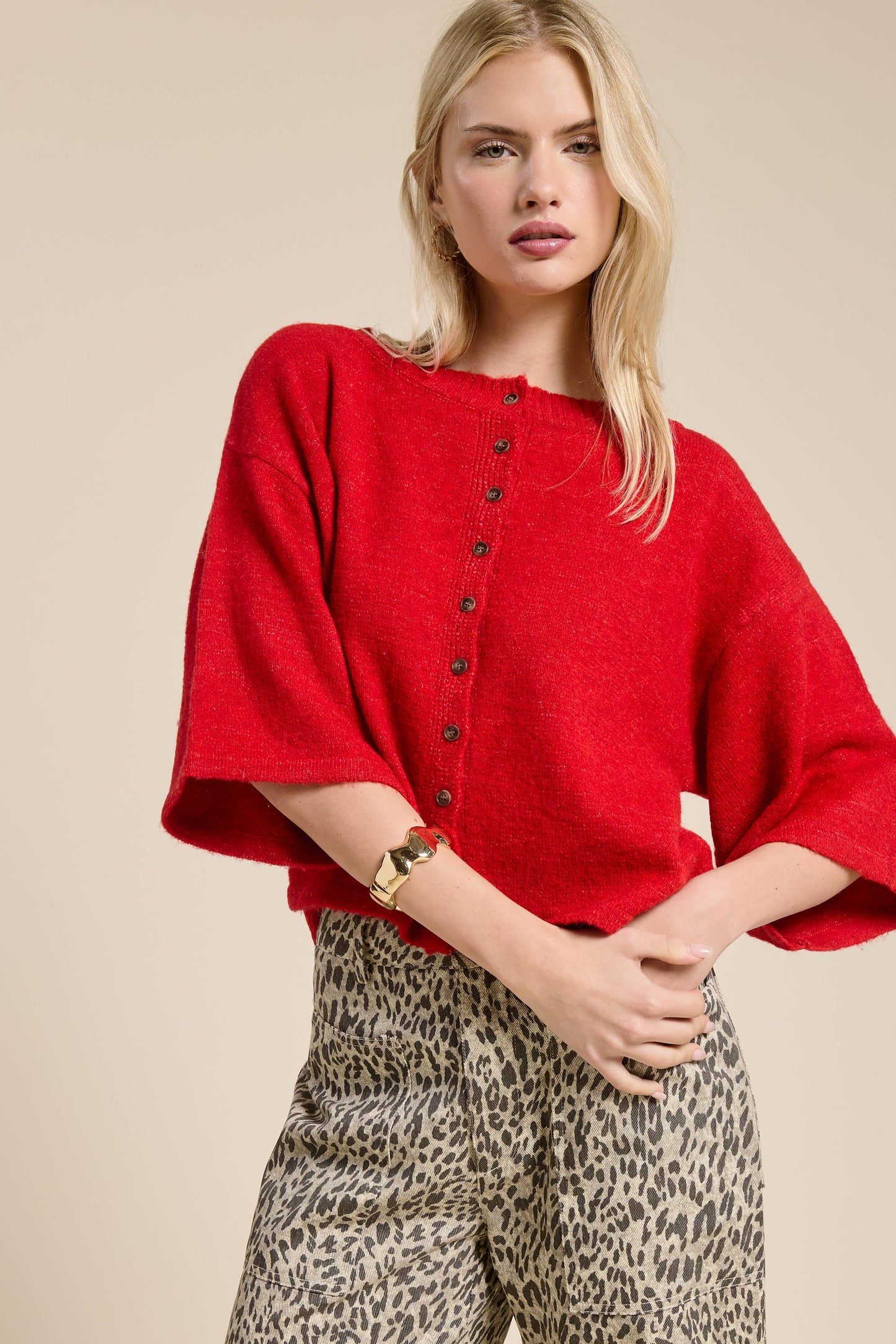 Button Front Short Sleeve Knit Cardigan