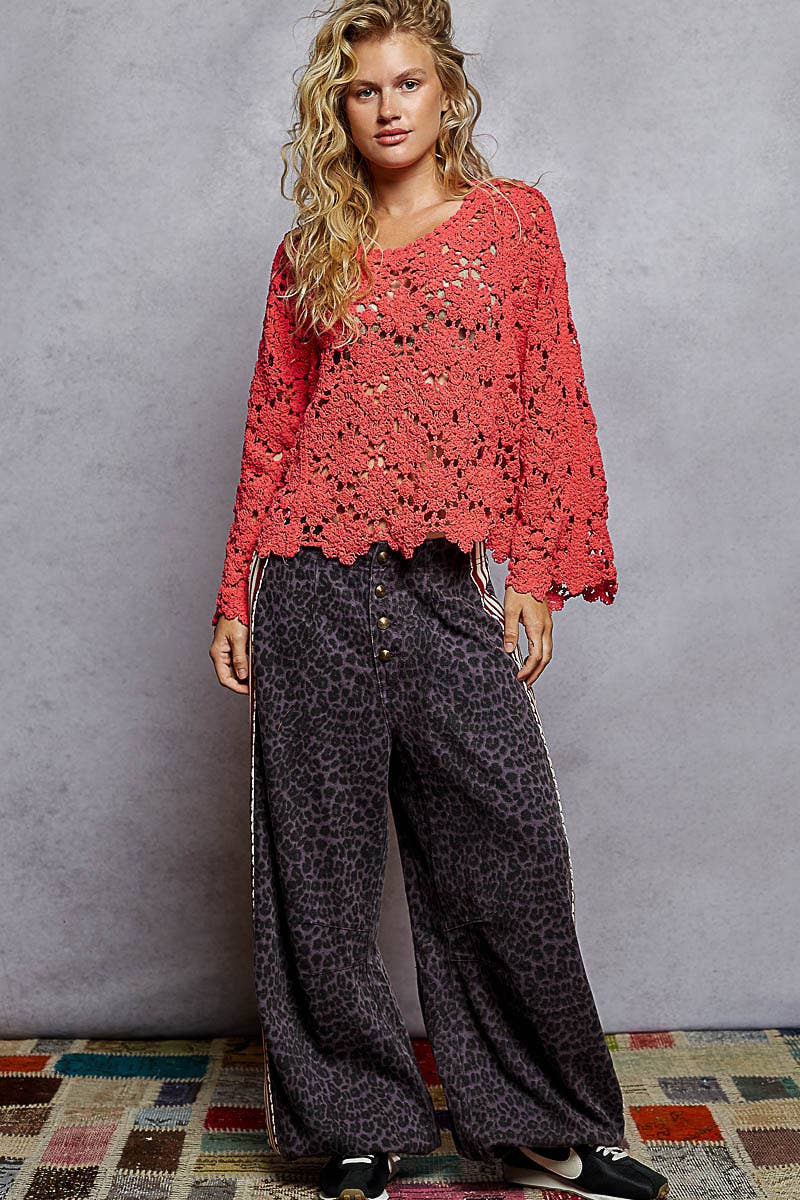 Flare sleeve scalloped edge solid crochet sweater - 2 color options