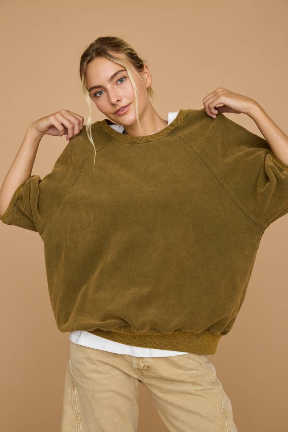 Washed Short Puff Sleeve Pullover Sweatshirt