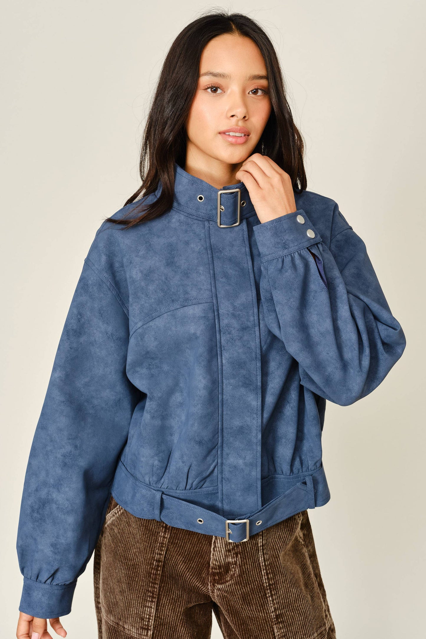 Vintage Vegan Leather Belted Bomber Jacket