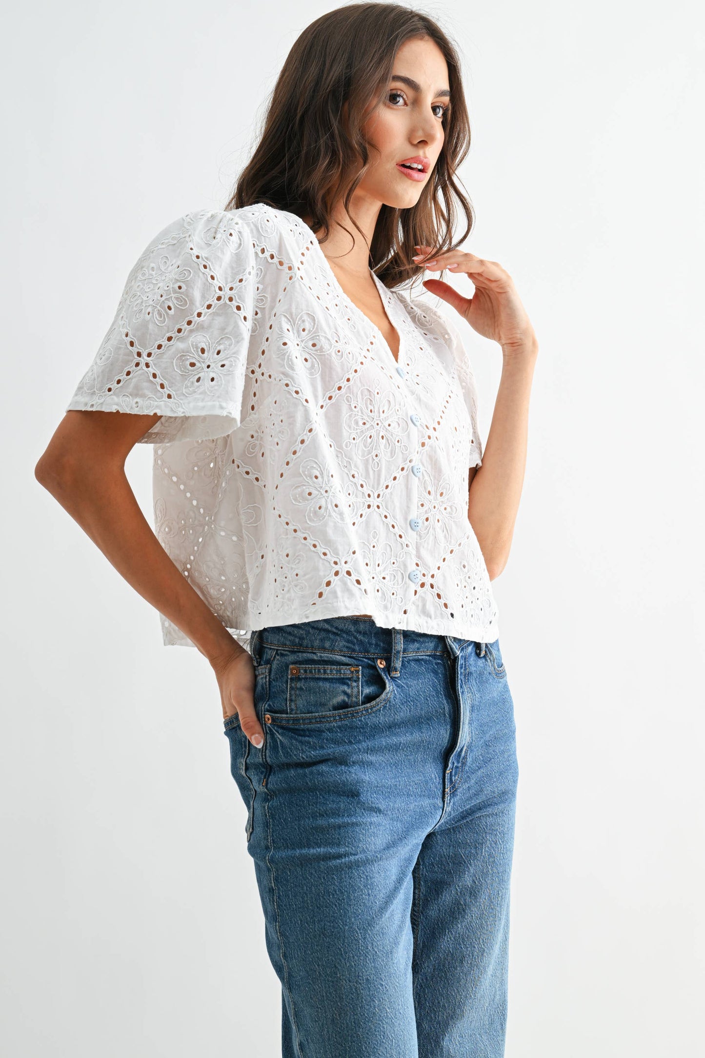 White Broderie Anglaise Short Sleeve Blouse