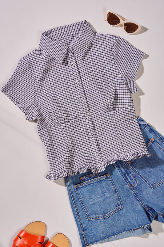 Crinkle Gingham Short Sleeve Peplum Blouse