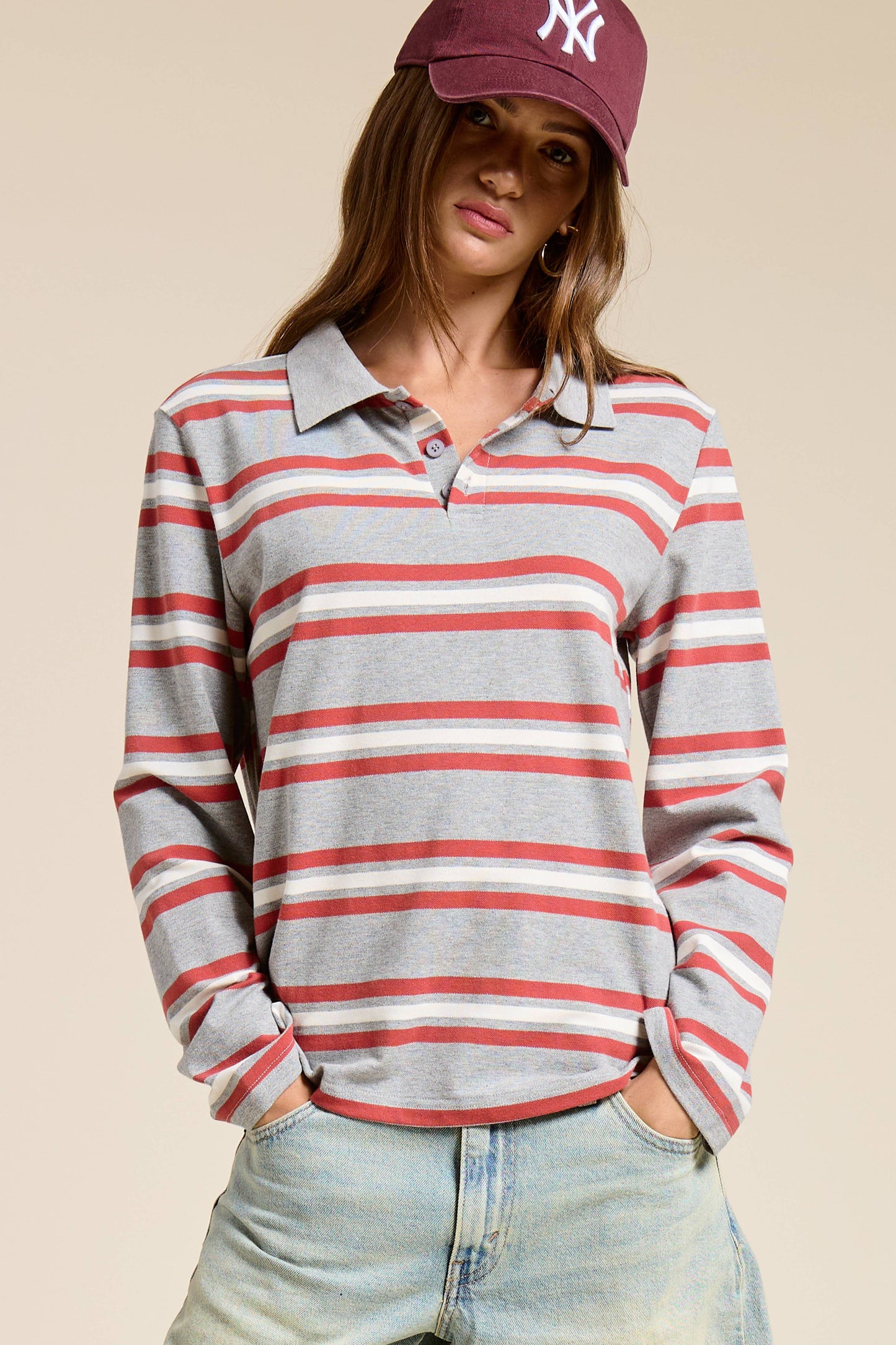 90s Style Boxy Fit Striped Knit Polo Shirt