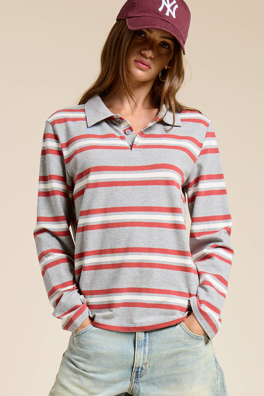 90s Style Boxy Fit Striped Knit Polo Shirt