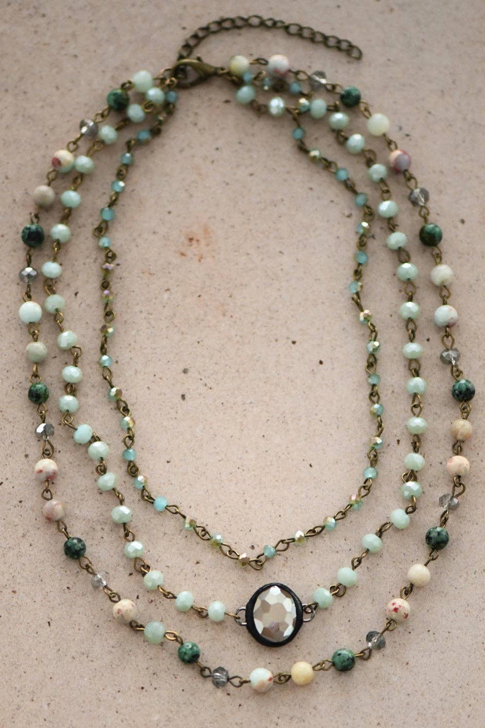 Triple Layered Mixed Glass Bead and Stone Necklace - Aqua