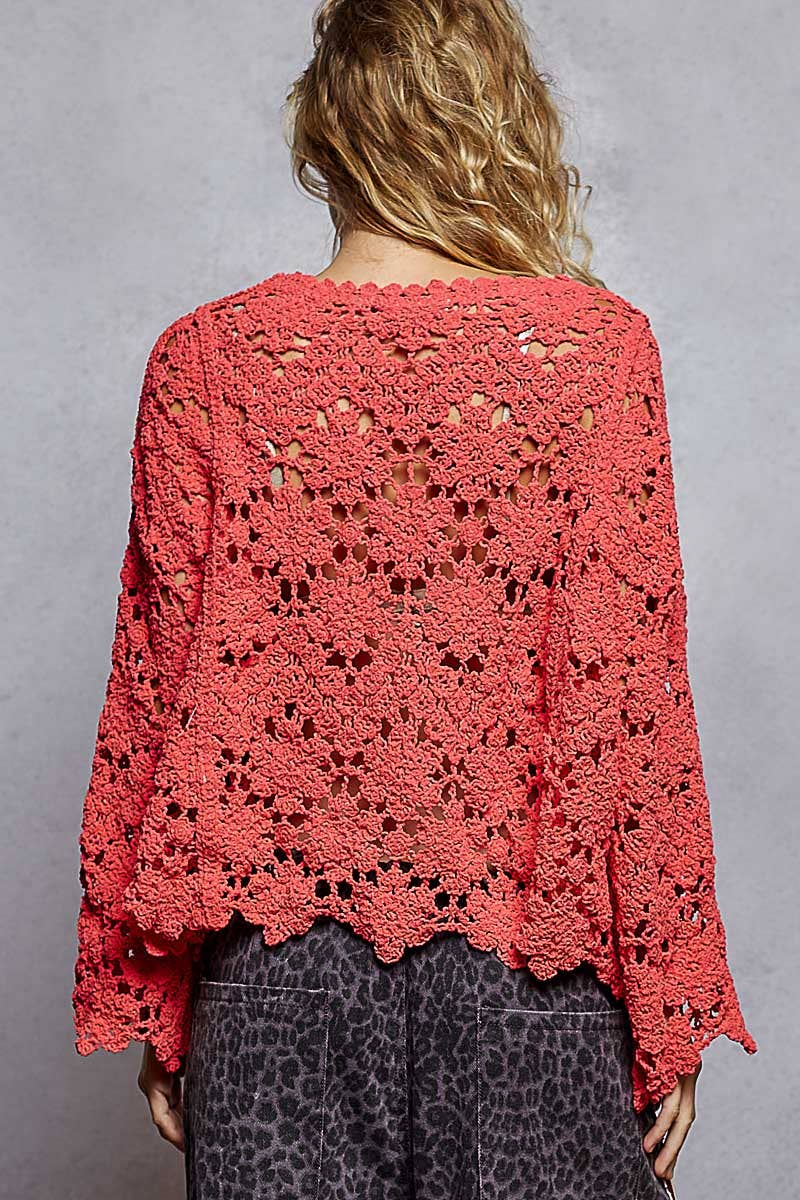 Flare sleeve scalloped edge solid crochet sweater - 2 color options