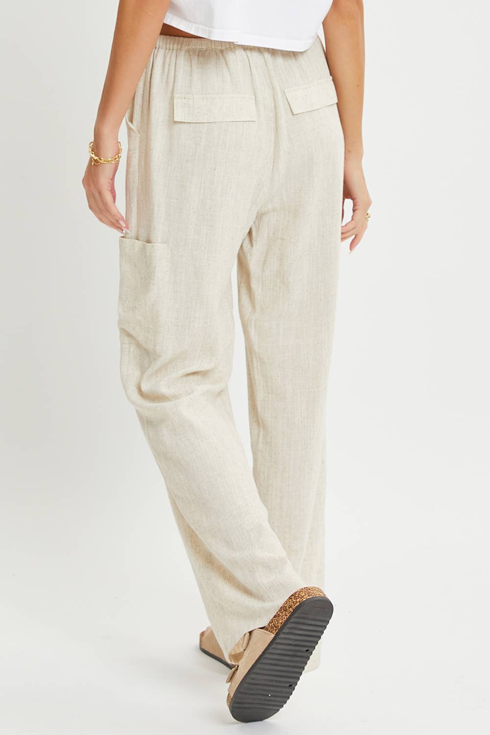 Linen Blend Pull On Drawstring Pants in Oatmeal