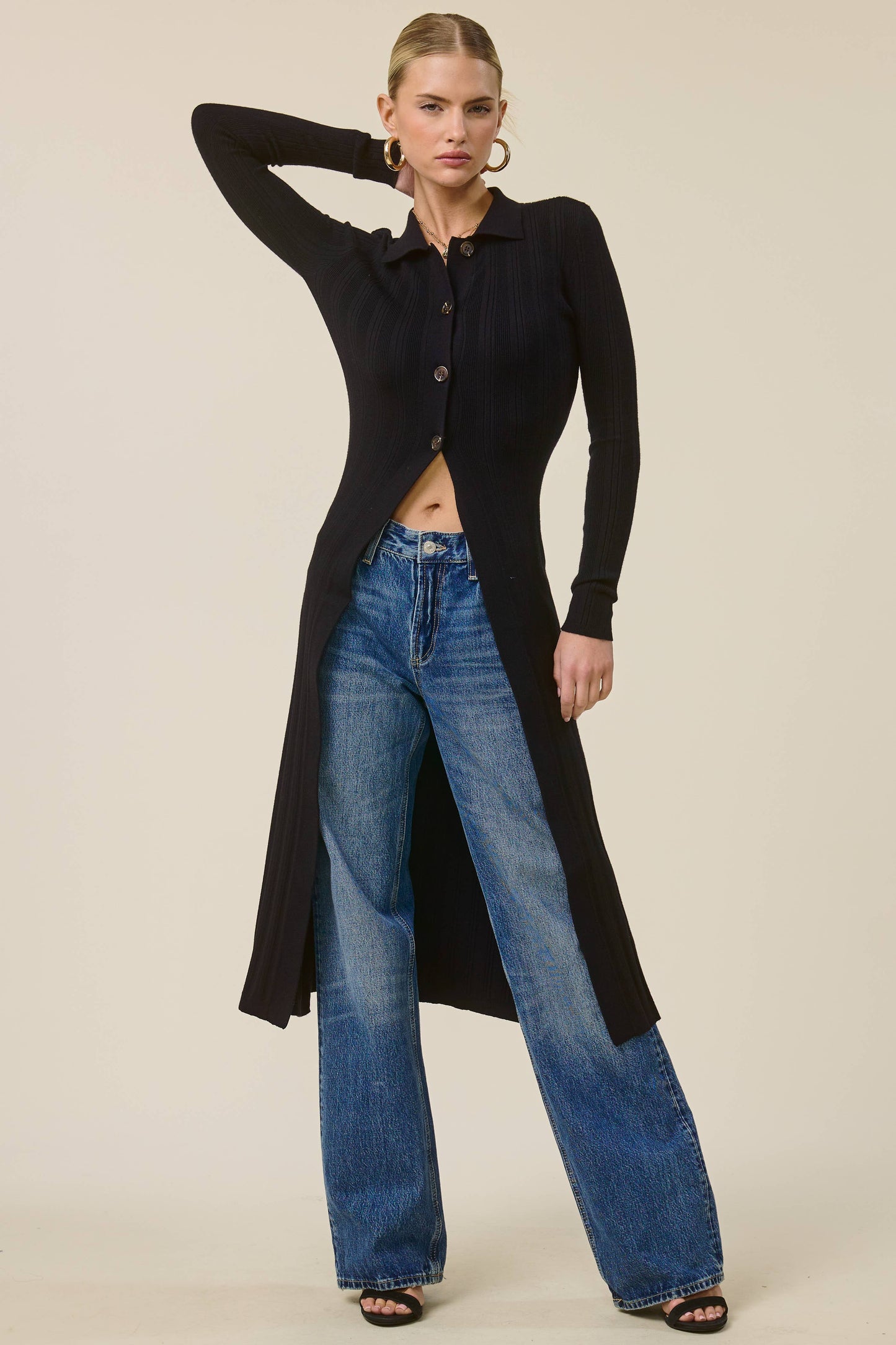 Collared Ribbed Knit Duster Cardigan