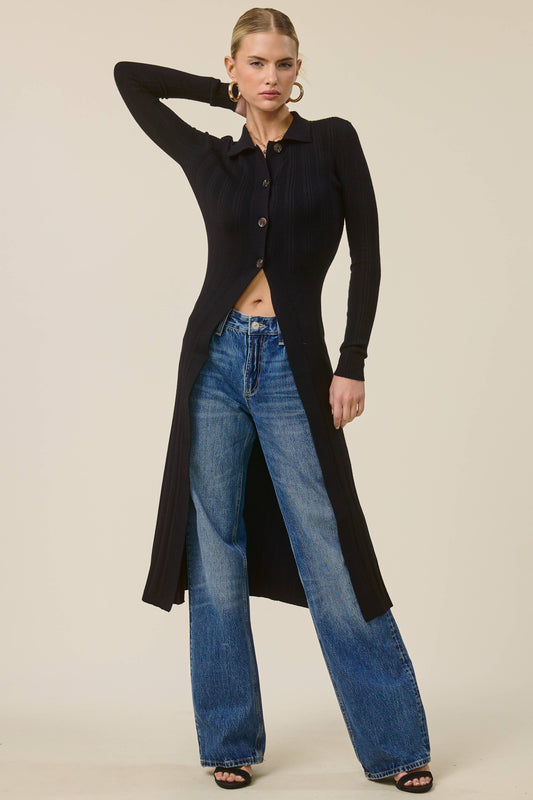 Collared Ribbed Knit Duster Cardigan