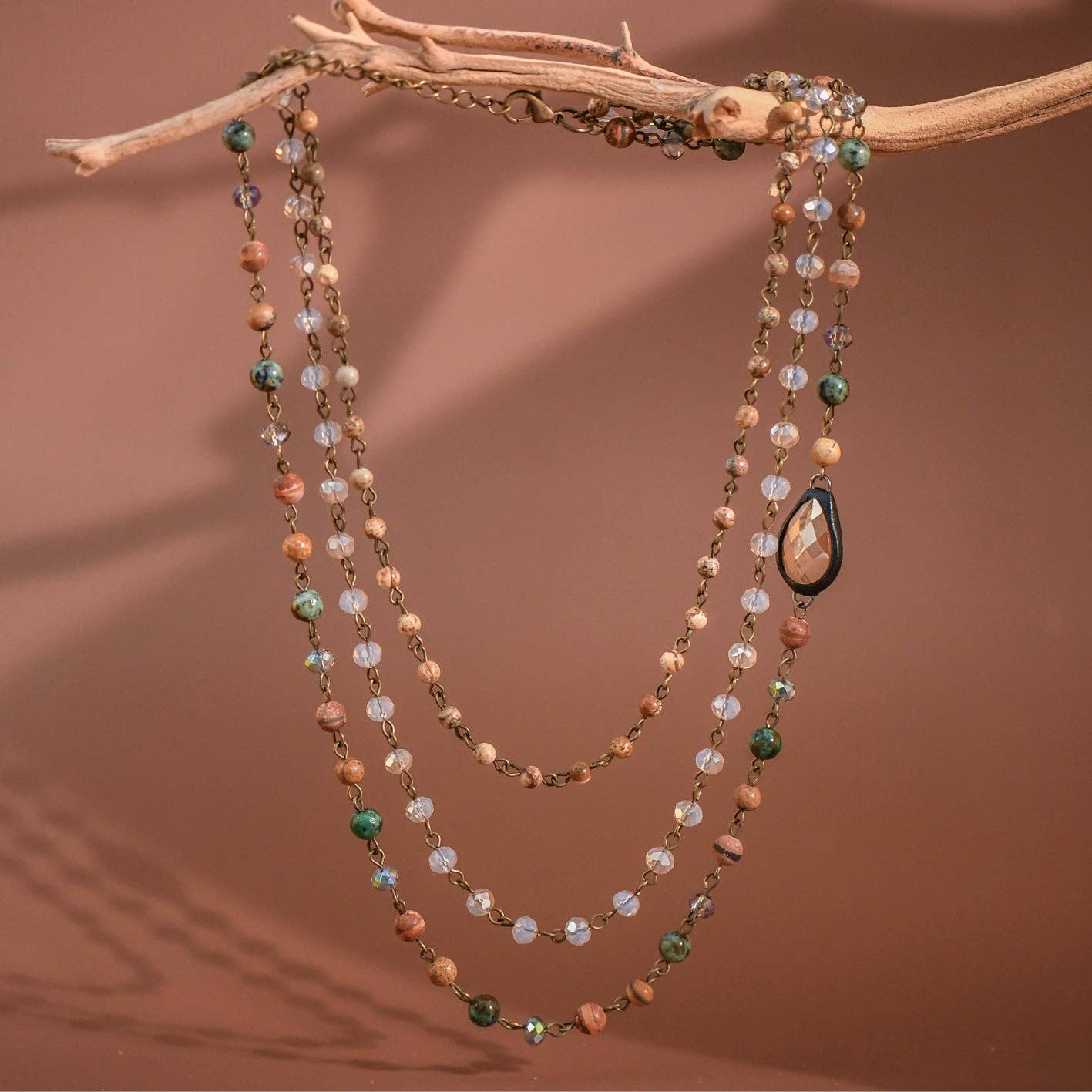 Triple Layered Mixed Glass Bead and Stone Necklace - Natural