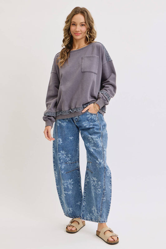 Floral Print Denim Barrell Jeans
