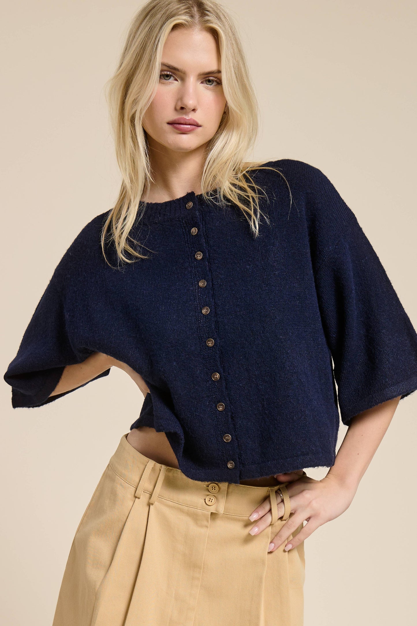 Button Front Short Sleeve Knit Cardigan