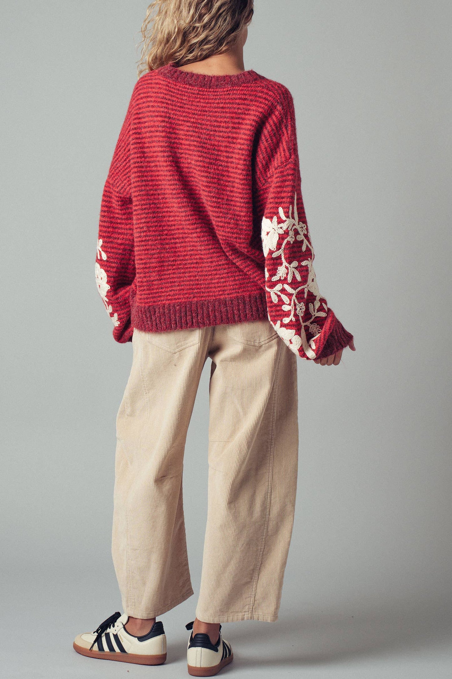 Floral Embroidered Striped Knit Sweater - Rusty Red
