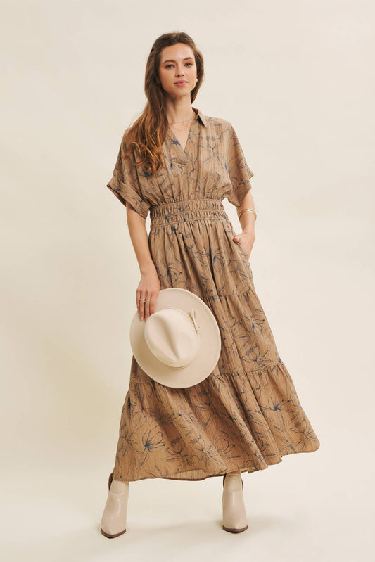 VINTAGE INSPIRED TEXTURED FLORAL MAXI DRESS WITH DOLMAN SLVS