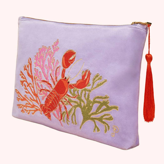 Velvet Embroidered Zip Pouch - Lobster Buddies, Lavender