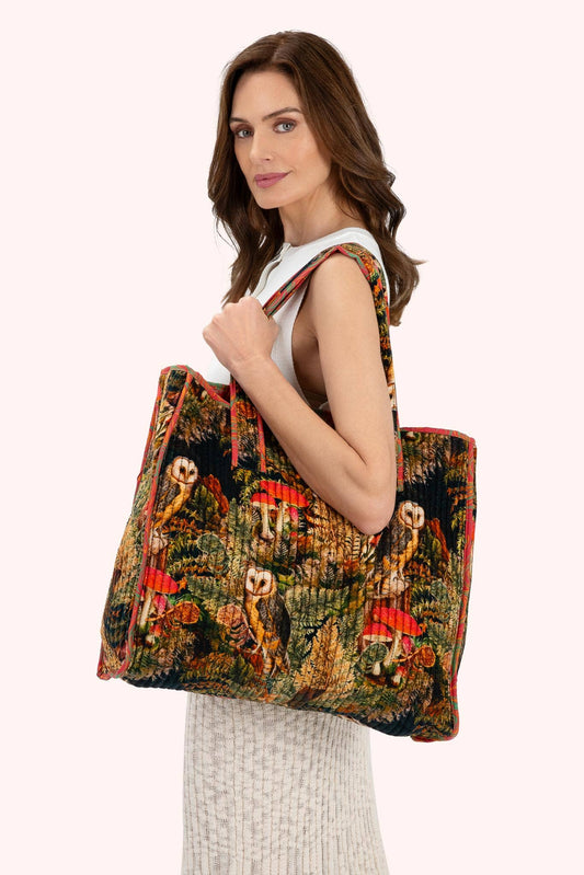 Luxe Velvet Quilted Tote Bags - Wild Woodland Owl