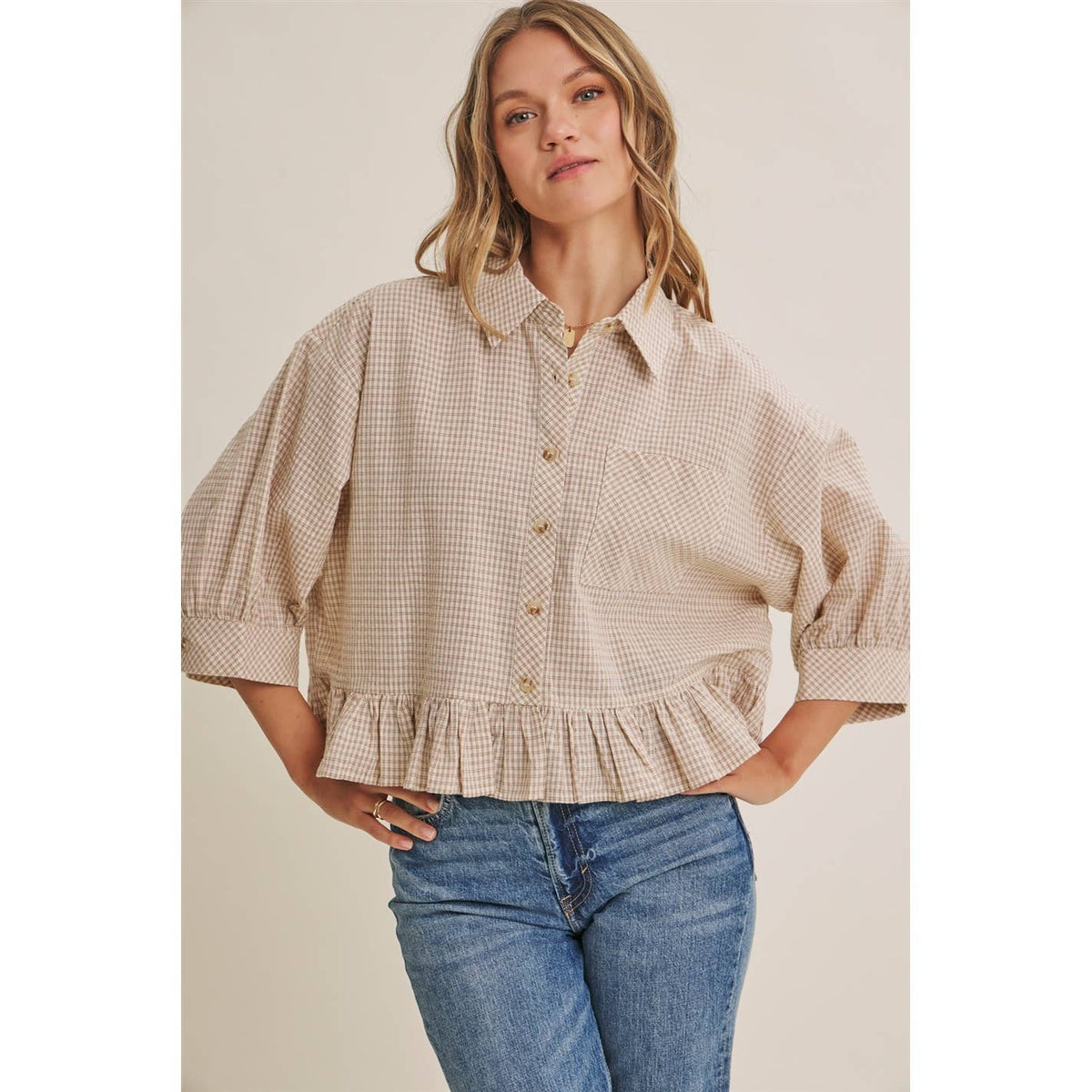 Morning Oat Micro Check Ruffle Hem Button-Down Shirt