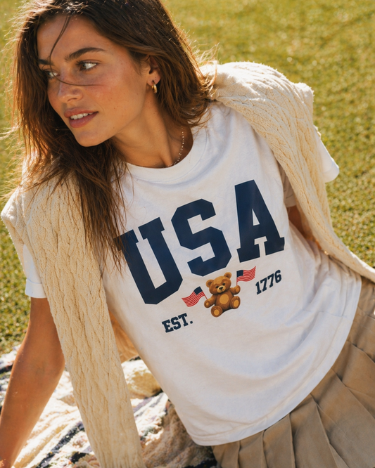 Patriotic USA Teddy Relaxed White T-Shirt