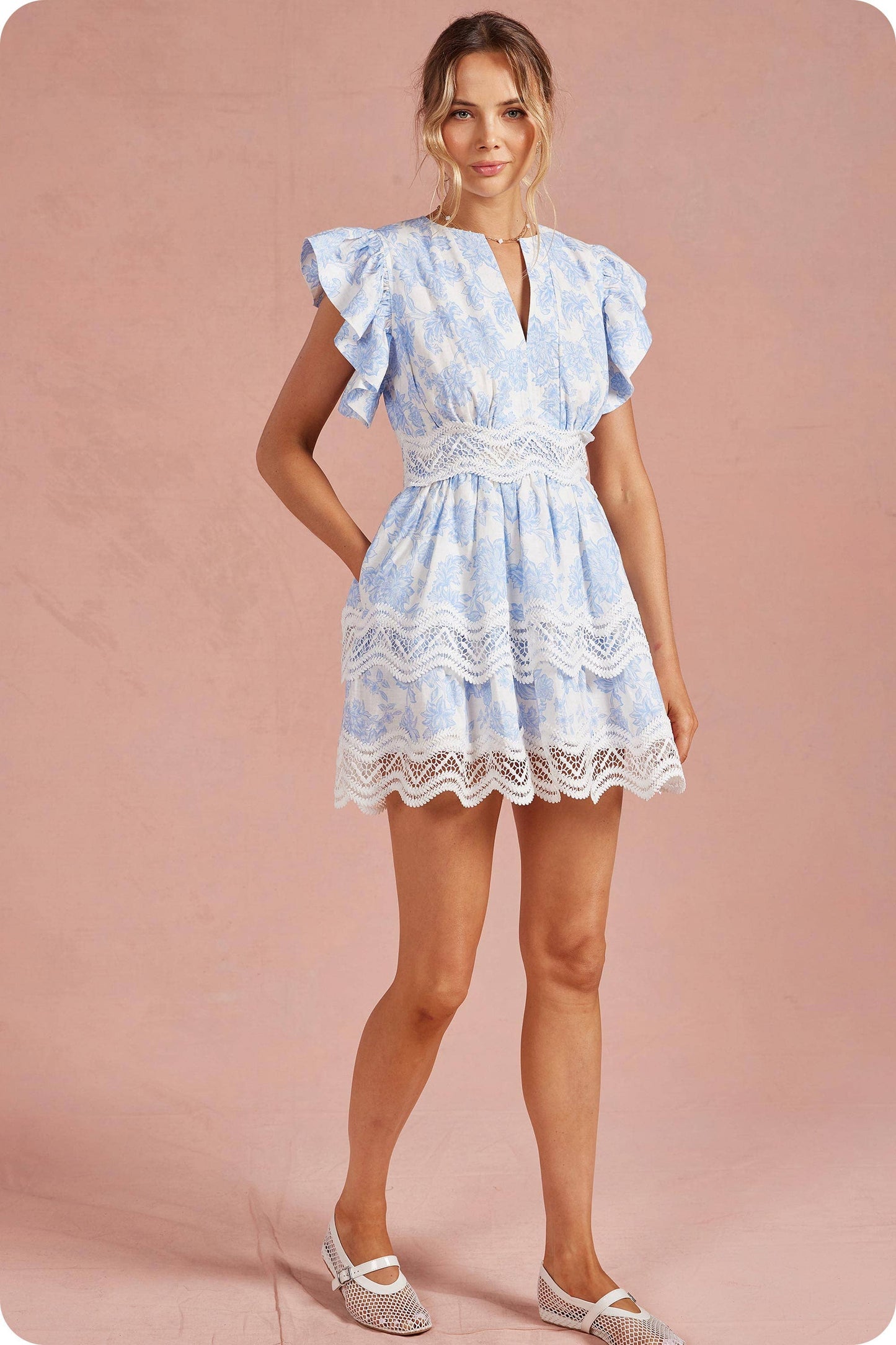 Botanical Garden Crochet Lace Tiered Mini Dress
