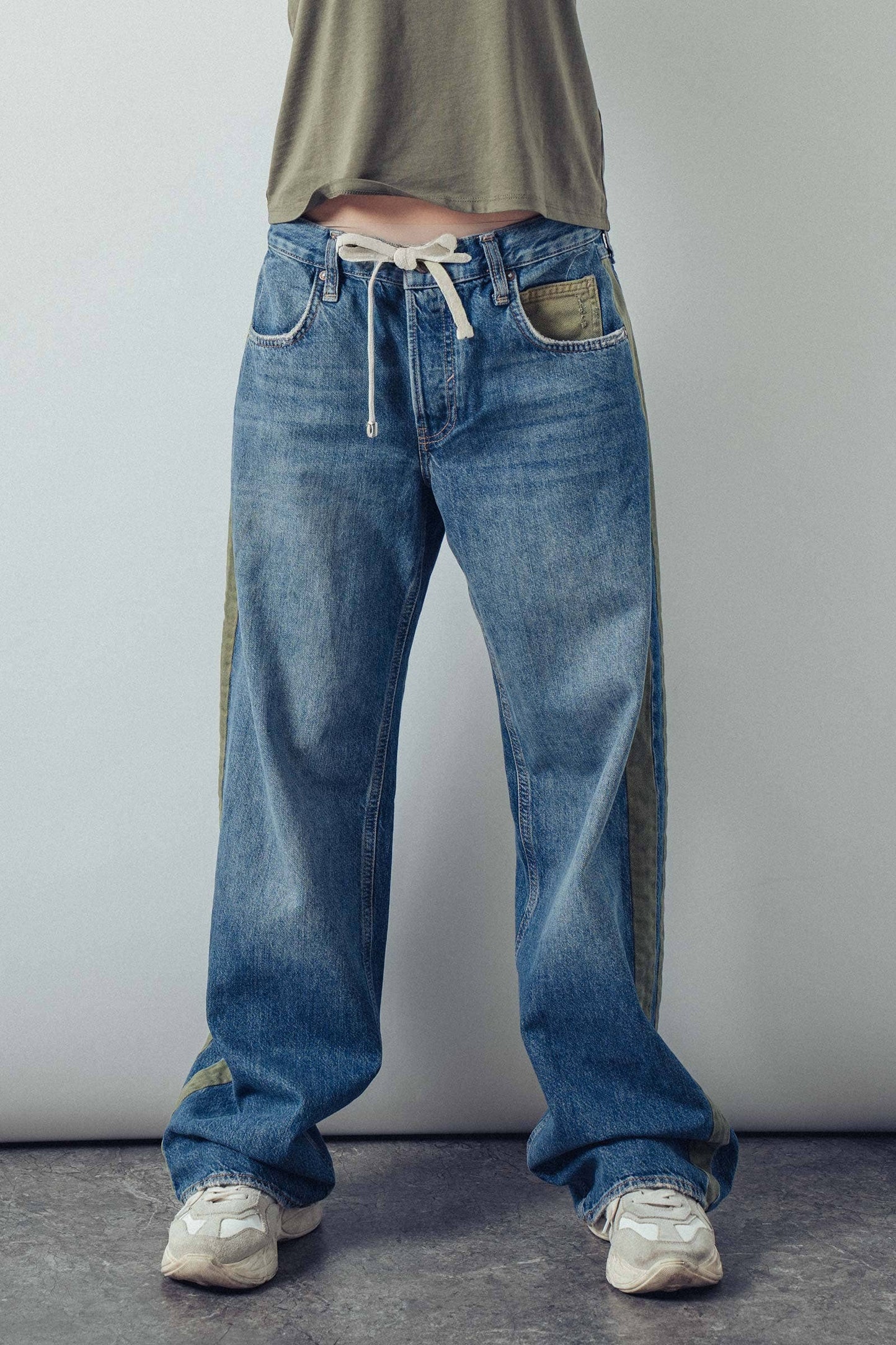 Slouchy Relaxed Wide-Leg Utility Stripe Denim Jeans