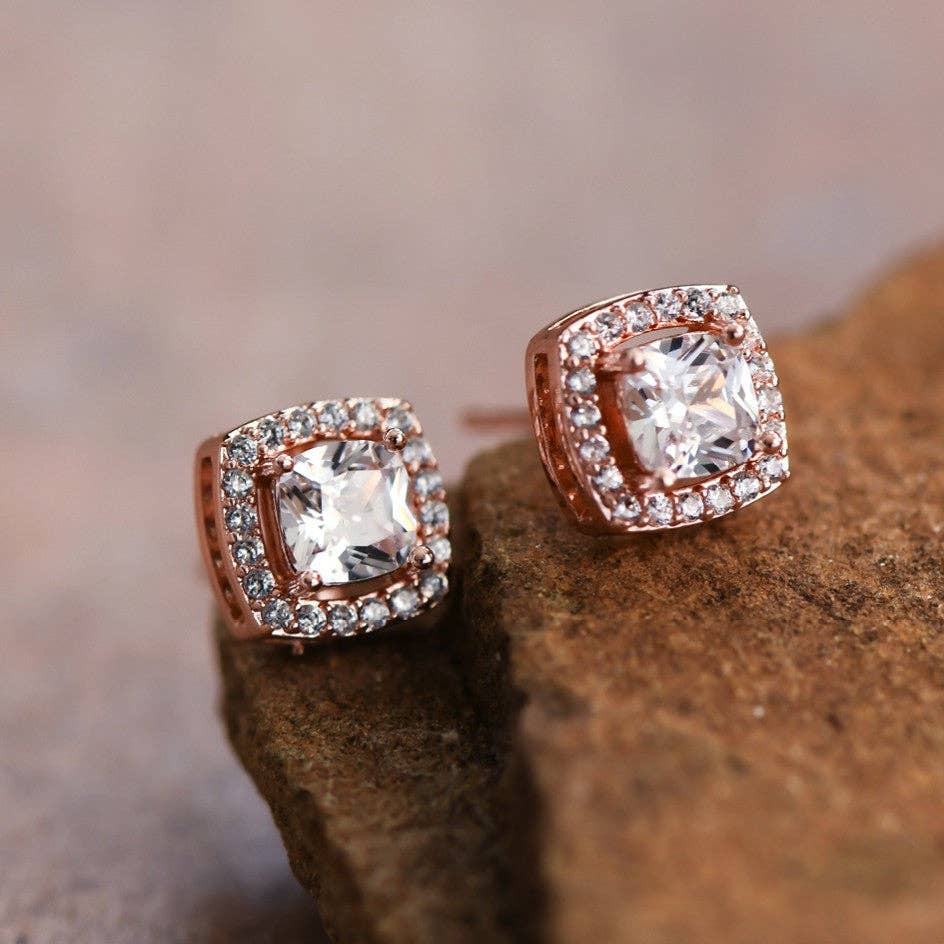 Dainty Square Studs with Clear Glass Crystals