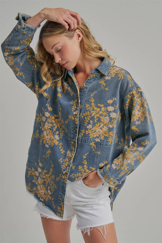 Floral Denim Relaxed Shirt/Jacket with Pockets