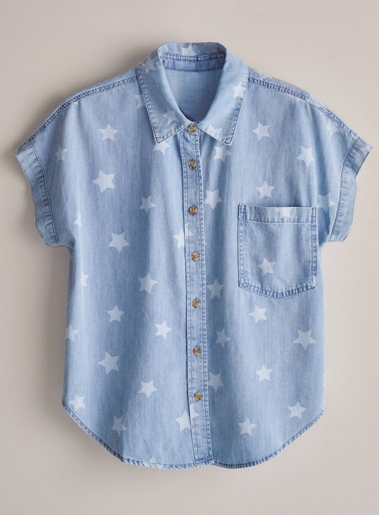 Star Print Chambray Short Sleeve Button Down