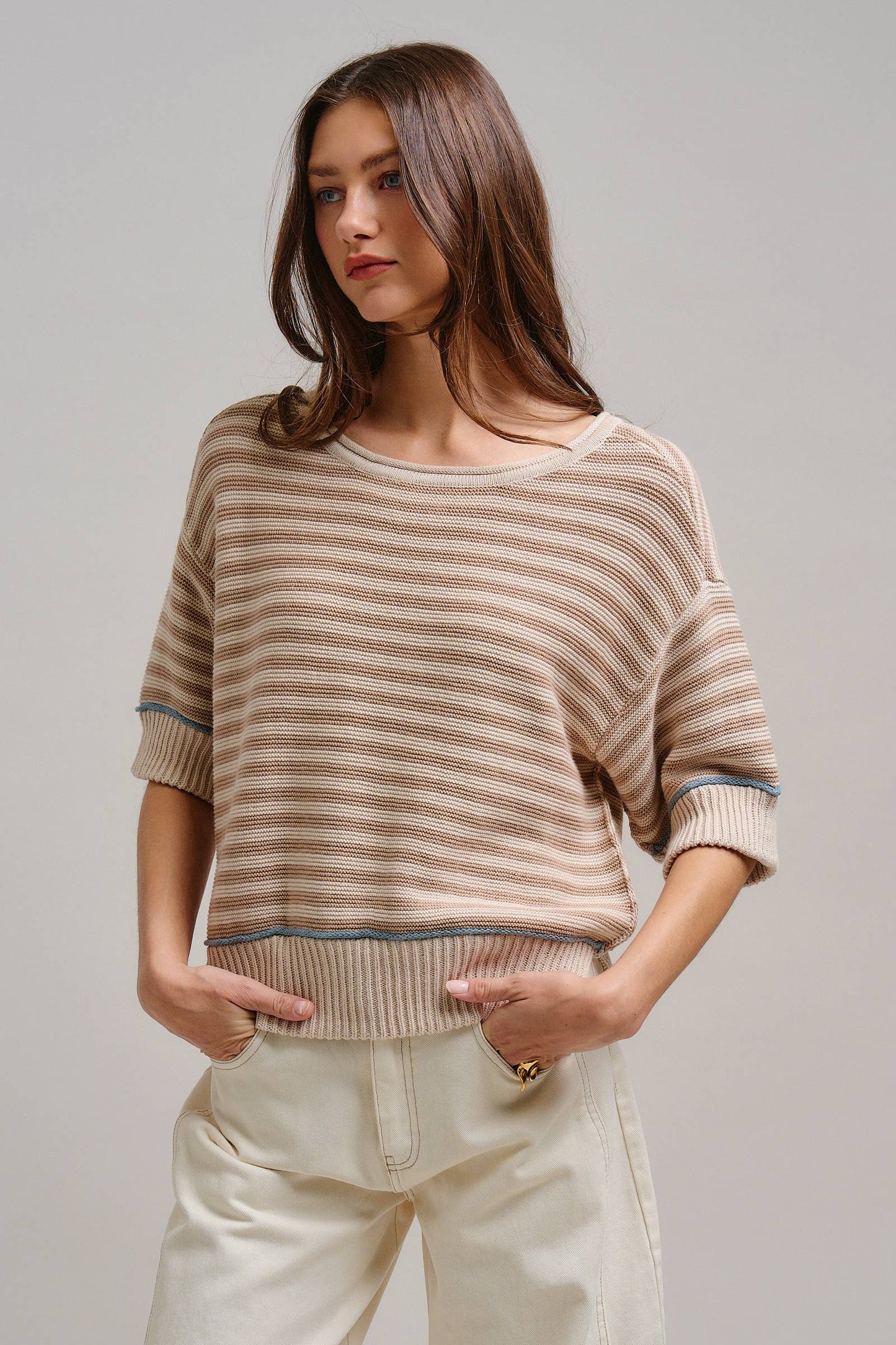 Premium Cotton Striped Contrast Trim Sweater Tee