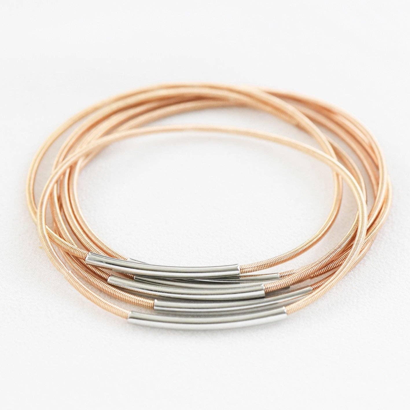 Stretchy Layered Guitar String Bracelet w/Metallic Bar Set