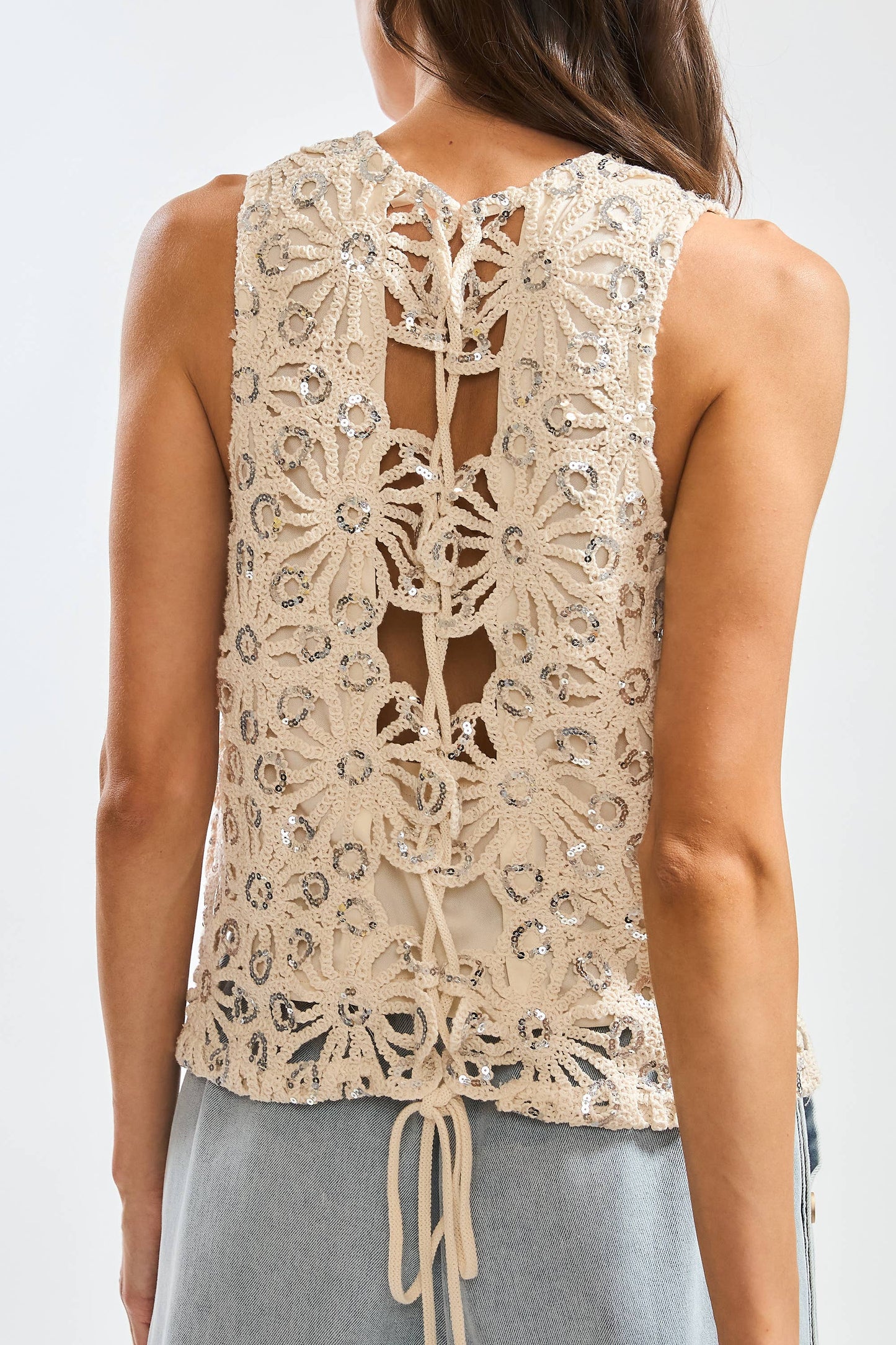 Floral Crochet Lace Sequin Sleeveless Top