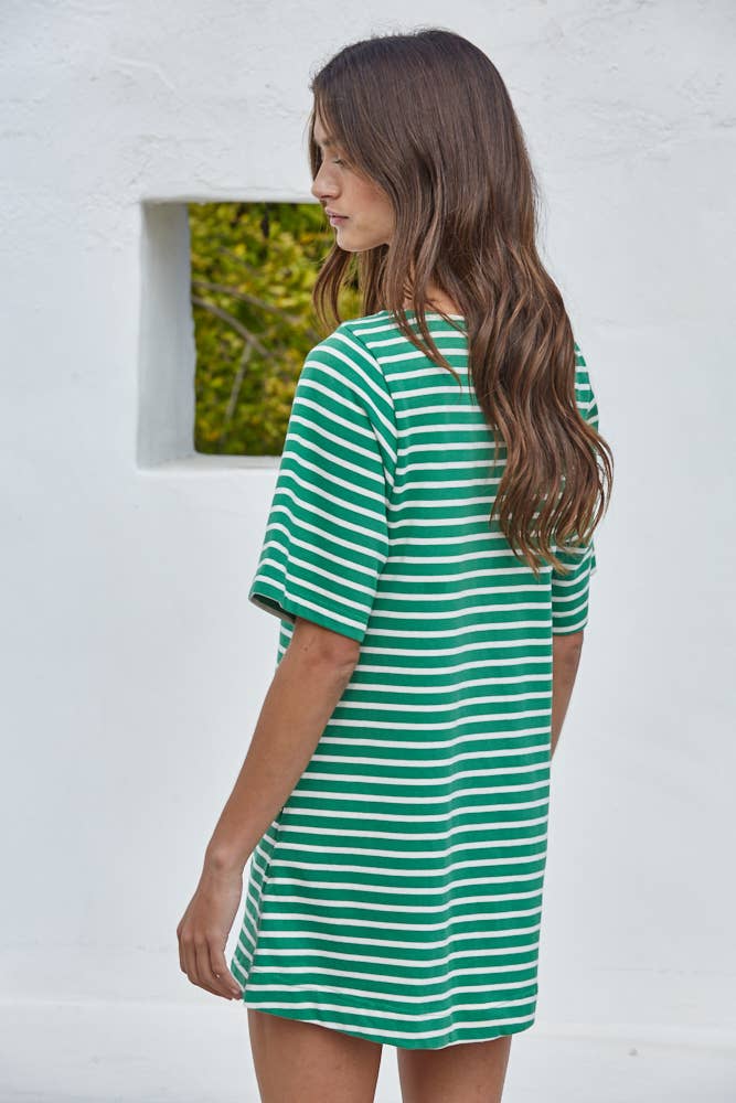 Woven Cotton Striped Short Sleeve Round Neck Mini Dress