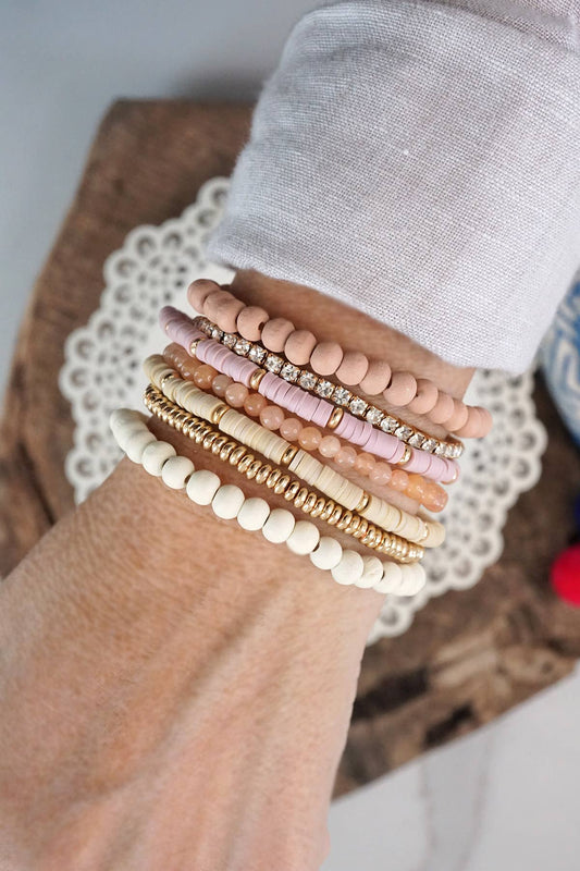 Stack of 7 Pink and Neutral Bracelets