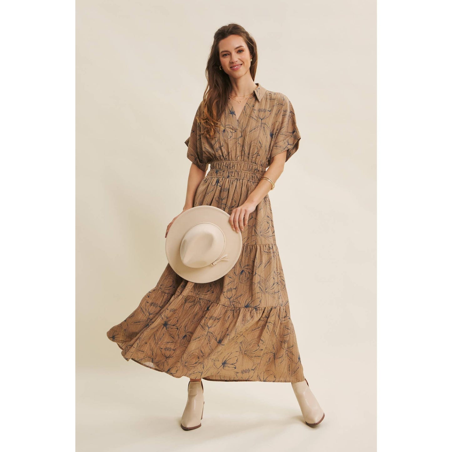 VINTAGE INSPIRED TEXTURED FLORAL MAXI DRESS WITH DOLMAN SLVS