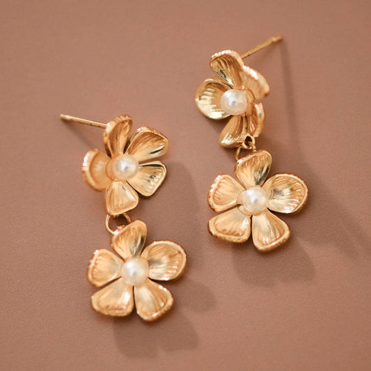 18K Gold Plated Stainless Steel Pearl Floral Drop Earrings