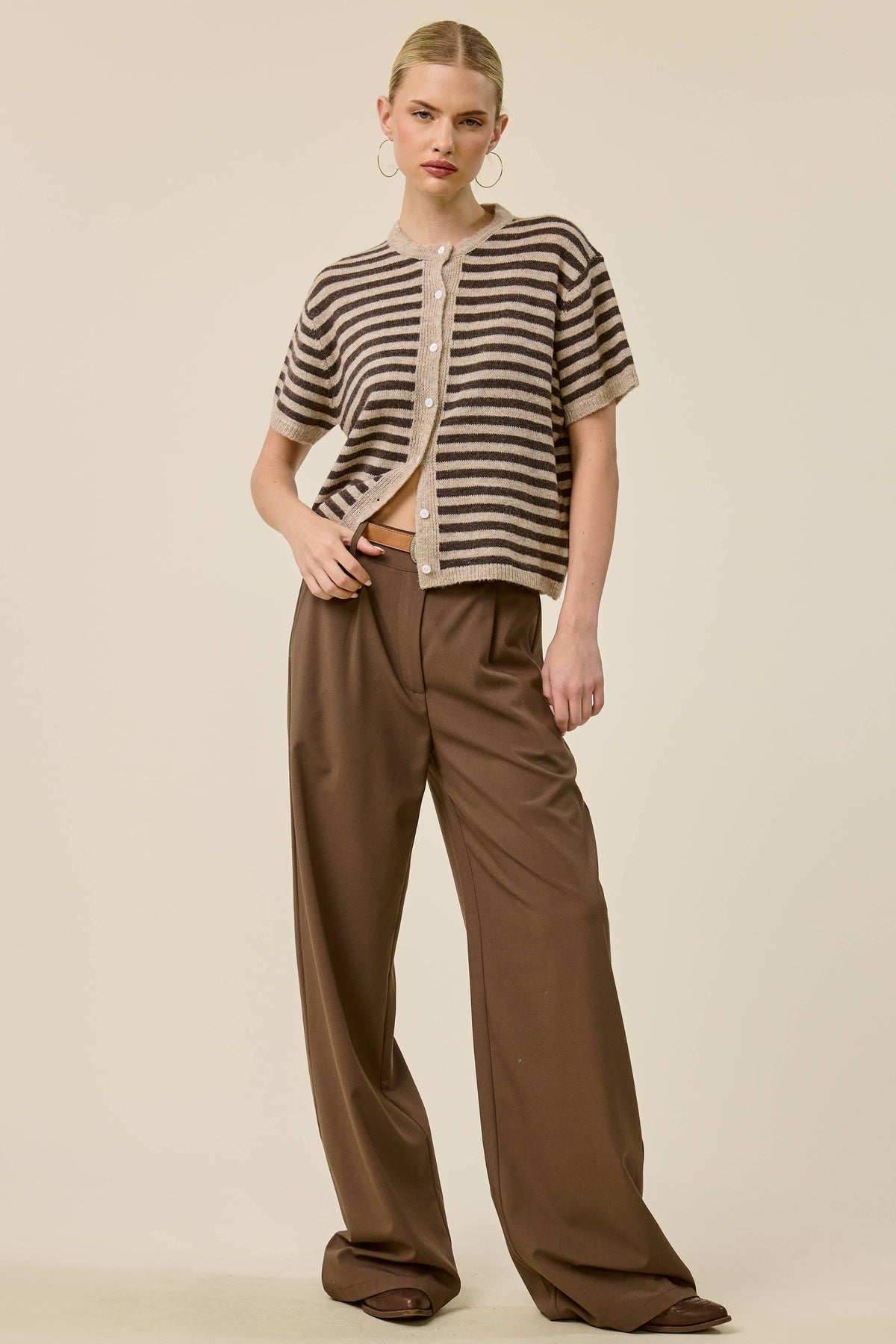 Striped Short Sleeve Knit Cardigan