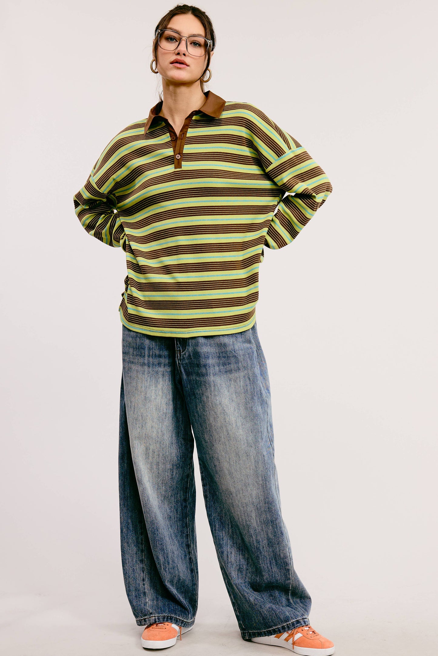 Multicolor Stripe Oversized Long Sleeve Polo Shirt