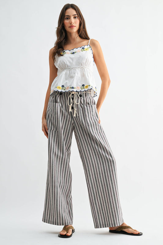 Striped Linen-Blend Wide Leg Pants with Drawstring