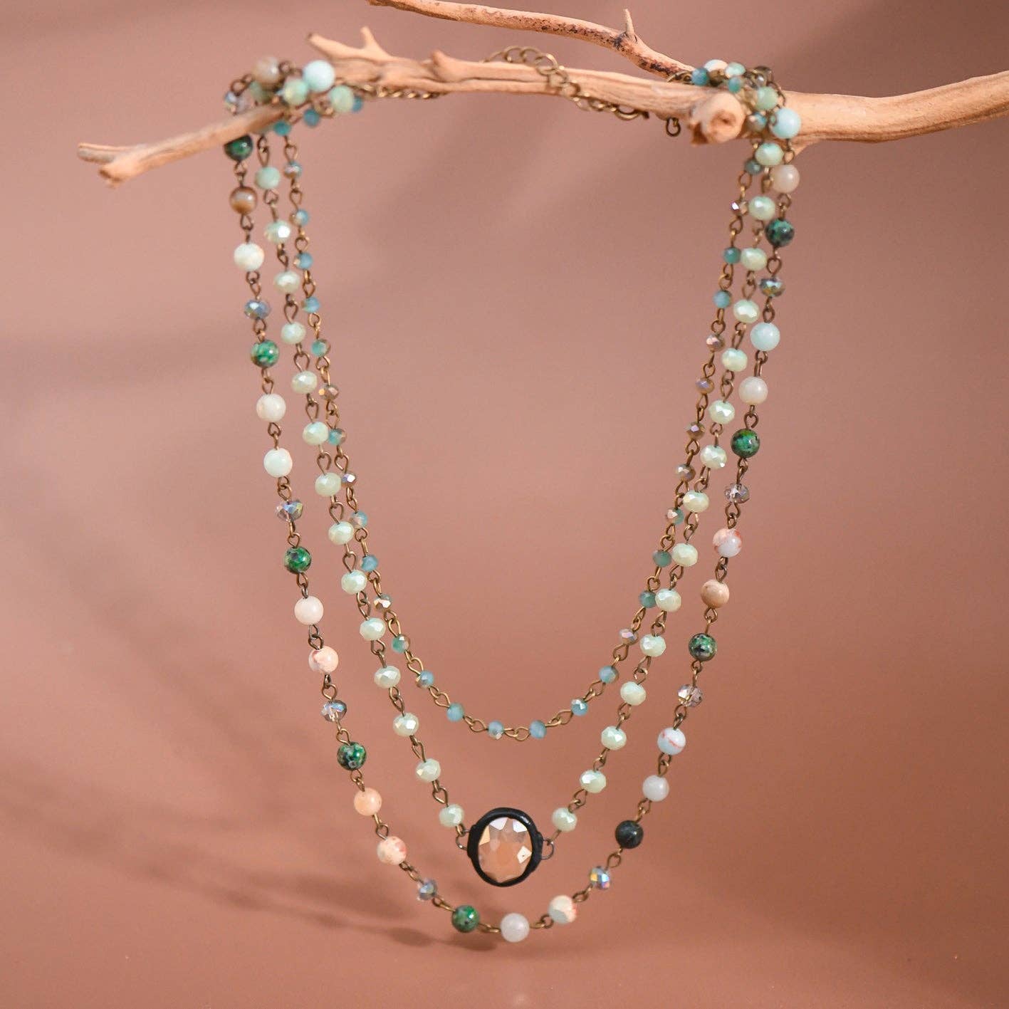 Triple Layered Mixed Glass Bead and Stone Necklace - Aqua