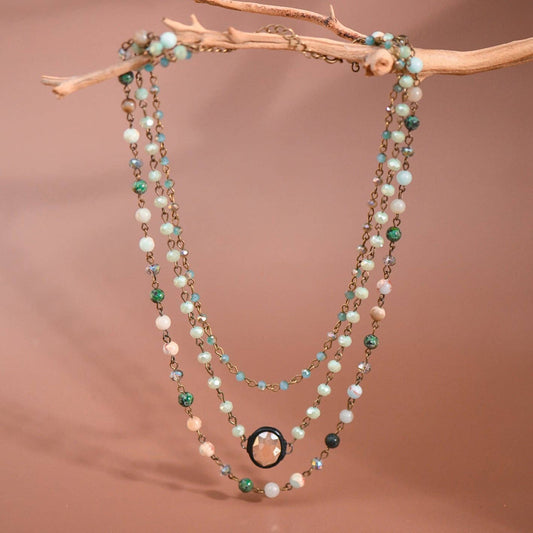 Triple Layered Mixed Glass Bead and Stone Necklace - Aqua