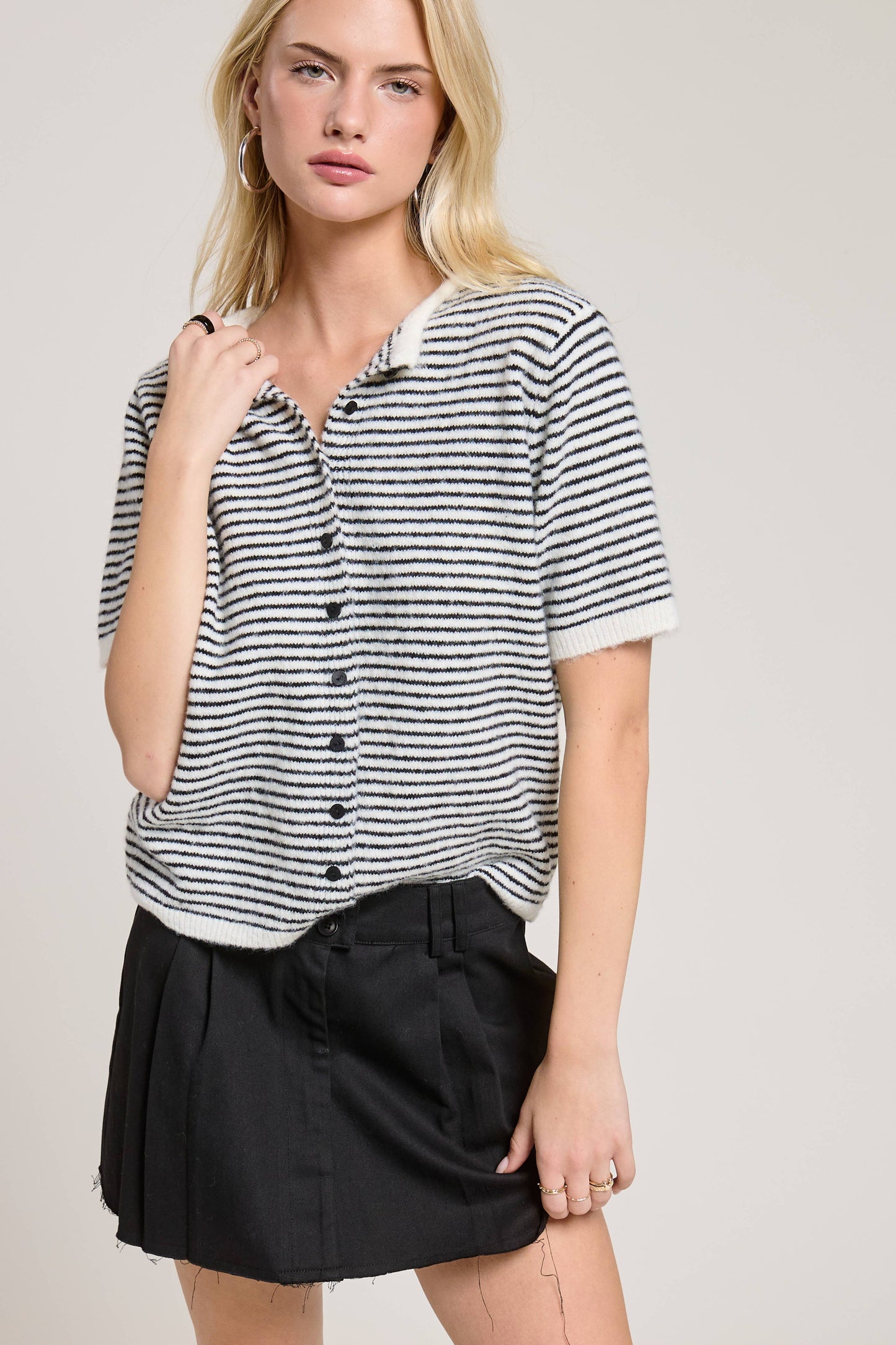 Muse Striped Short Sleeve Button Cardigan