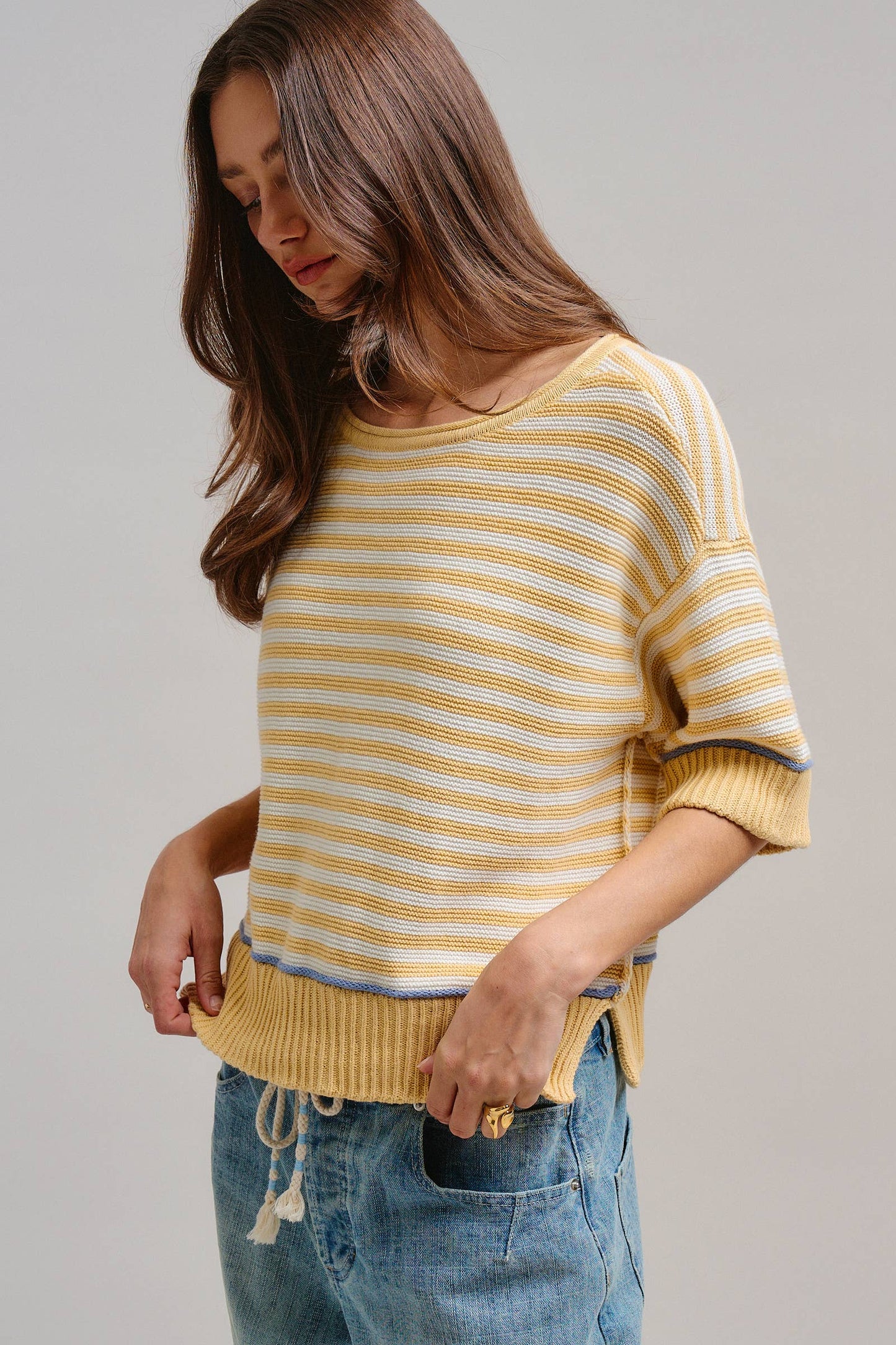 Premium Cotton Striped Contrast Trim Sweater Tee