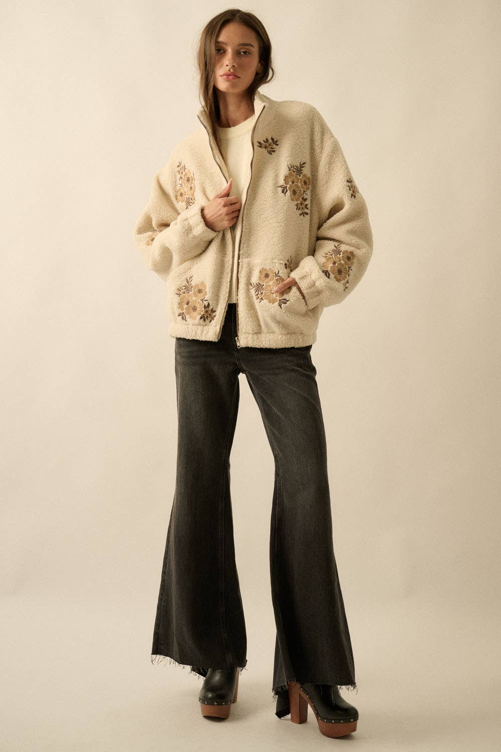 Floral-Embroidered Sherpa Fleece Zip-Up Jacket